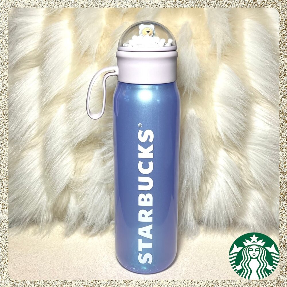 ❄️ NWT 2025 Starbucks Iridescent Blue/Periwinkle Bottle Tumbler w/ Snow Globe
